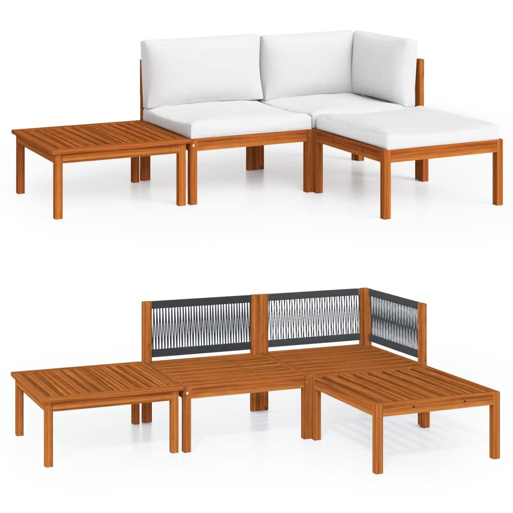 Hothingwell - Salón de jardín de 4 piezas, madera acacia crema cuerda | Respaldo de cuerda trenzada, pino macizo duradero, diseño modular, cojín de goma incluido