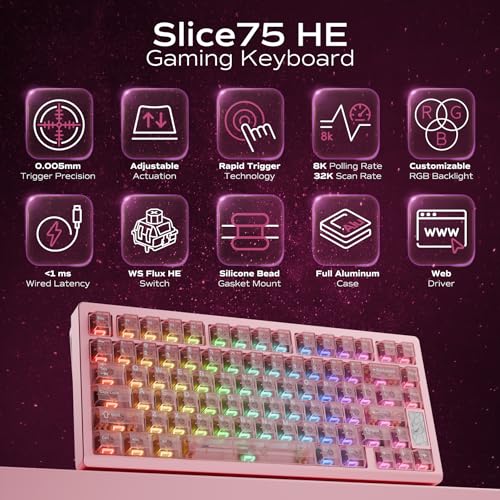 Image of OOCTPK Chilkey Slice75 HE Gaming Keyboard: Hall Effect Aluminum Keyboard with Flux Switch, Rapid Trigger, 8K Polling, Per-Key RGB Gaming Magnetic Switch Key Board for Gaming (Translucent Pink)