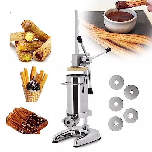 NURCIX Comercial Churro Maker, 2L/3L Manual Spanish Donut Churrera Churro Maker Machine con 5 Moldes, Acero Inoxidable Vertical Spanish Churrera Machine, Churros Filling Machine Snack Equipment 2L