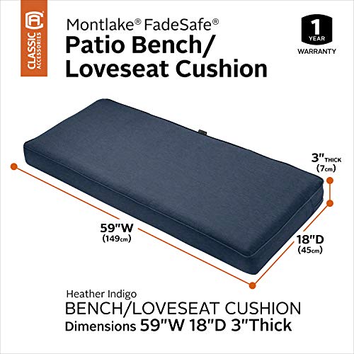 Classic Accessories Montlake Fadesafe Water-Resistant 59 X 18 X 3 Inch Outdoor Bench/Settee Cushion, Patio Furniture Swing Cushion, Heather Indigo Blue, Patio Loveseat Cushion #TOP1