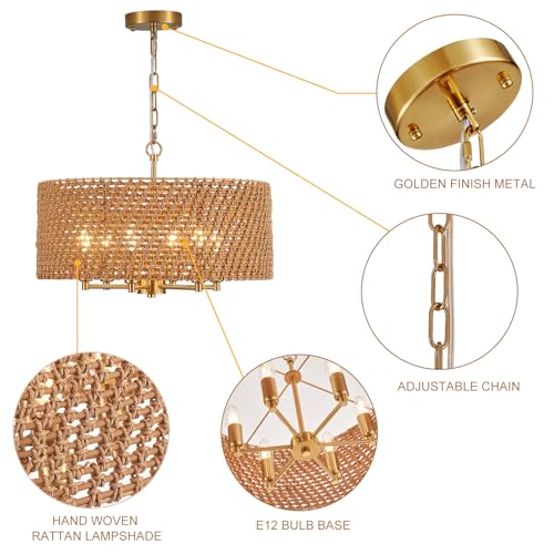 Image of 20 inch Boho Rattan Chandelier, 6-Light Gold Wicker Light Fixture
