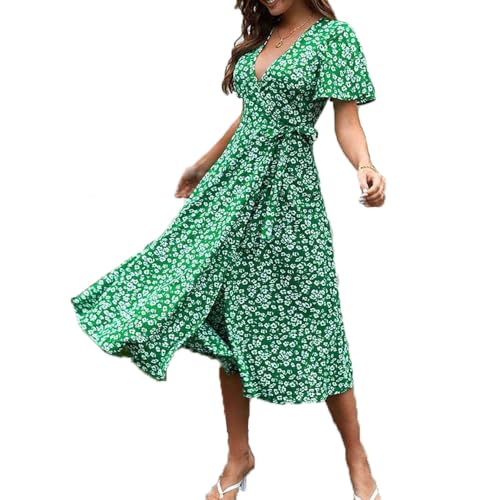 BSLVWG Damen Kurzarm V-Ausschnitt Wrap Taille Sommerkleid Midi Casual Floral Sundress Midi Kleider Urlaub Kleid (DE/NL/S...