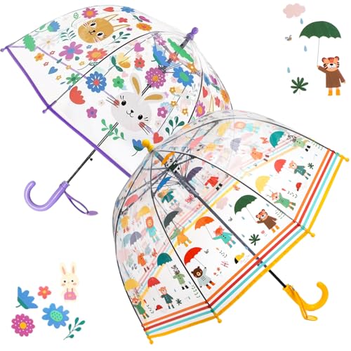 Covzoe 2 Pack Clear Bubble Umbrellas, 27.5 Inch Canopy Transparent Dome Coverage Stick Umbrella with Easy Grip Curved Handle, Safety Umbrella for Wind and Rain Protection