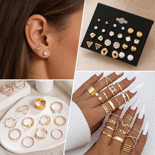 Image of 105 Pcs Gold Jewelry Set for Women Costume Jewelry Multi Layer Necklace Stackable Bangle Link Bracelet Stud Hoop Earrings Knuckle Rings Hair Tie Headband Set Jewelry Pack for Women