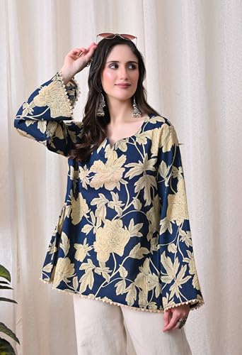 Image of MEERA FAB Women's Summer Floral Printed Cotton Short Kurta Bell Sleeves | Floral Printed Kurta | Short Kurti for Women