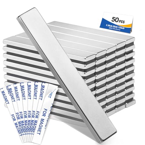 Image of MIKEDE 50 Pack Neodymium Bar Magnets, Super Strong Heavy Duty with Double-Sided Adhesive Powerful Rare Earth Magnet Bars for Craft, Fridge, Kitchen, Office 60x10x3mm