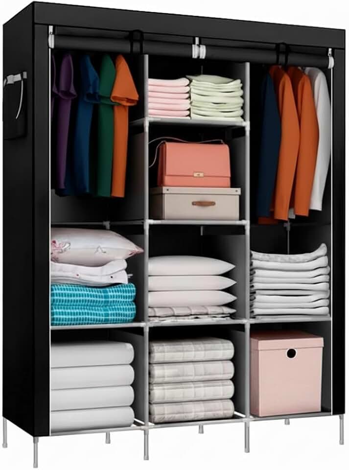 Guarda Roupa Dobrável Armário Organizador de Roupas 3 Portas Multiuso (Preto)