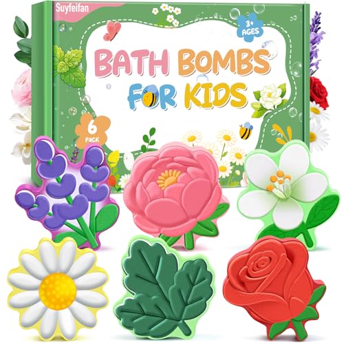 SUYFEIFAN Bath Bombs for Kids Flower Shaped, STEM 6 Pack Natural Organic Handmade Fizzy Bath Bomb, for Home Bath Fun, Daily Reward & Holiday Gifts Boys Girls