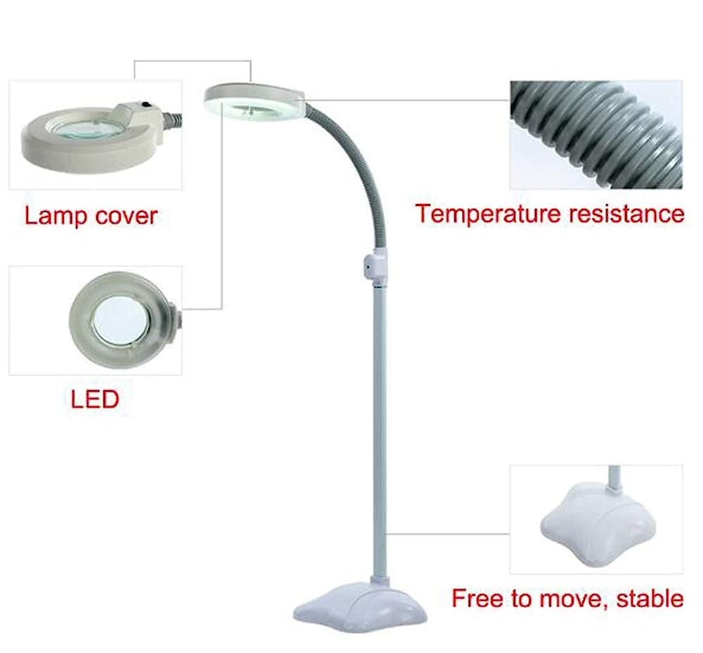 Lupas, Lupa, Lámpara de pie con Lupa LED 5X, Base de Lente, Brazo Giratorio Ajustable, Lupa de Lectura con Cuello de Cisne, para salón, Belleza, manicura, profesión