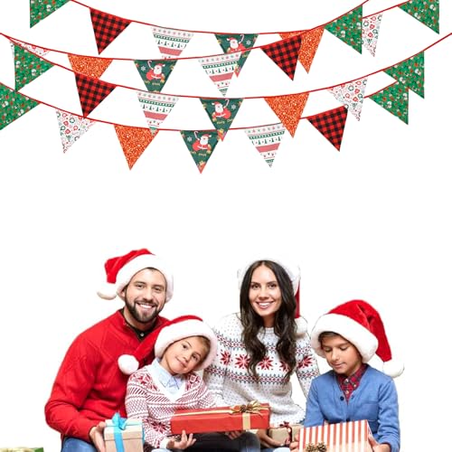 Image of Zwiebeco 32Ft Red Green Christmas Pennant Banner Triangle Flags Fabric Bunting Garland Red-Black Plaid Checkered Cotton Flag for Xmas Birthday Wedding Christmas New Year Party Home Garden Decorations