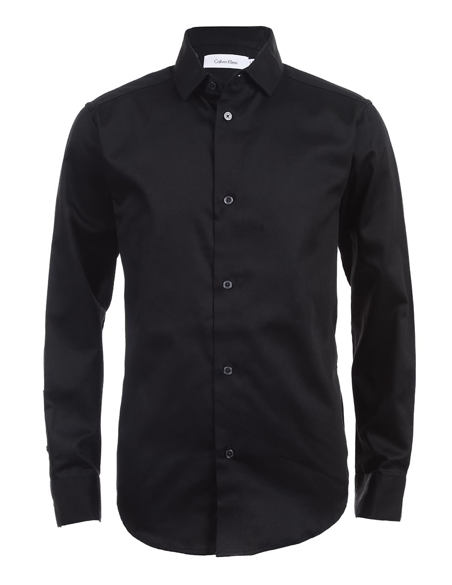 Calvin Klein Boys' Long Sleeve Sateen Dress Shirt, Button-Down Style with Buttoned Cuffs &amp; Shirttail Hem