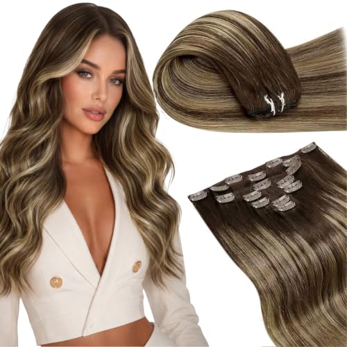Image of LaaVoo Human Hair Clip in Extensions Balayage,Gentle on Natural Hair | Dark Brown Fading To Caramel Brown Balayage, 24 Inch 140g 7Pcs, Double Weft, Reusable