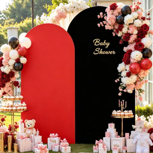 Arch Backdrop Cover Set of 2, Red + Black Arch Covers 7.2 and 6ft Spandex Stretchy Double-Sided Design Arch Covers for Wedding Baby Shower Bridal Shower Birthday Party Ceremony Photo Decor
