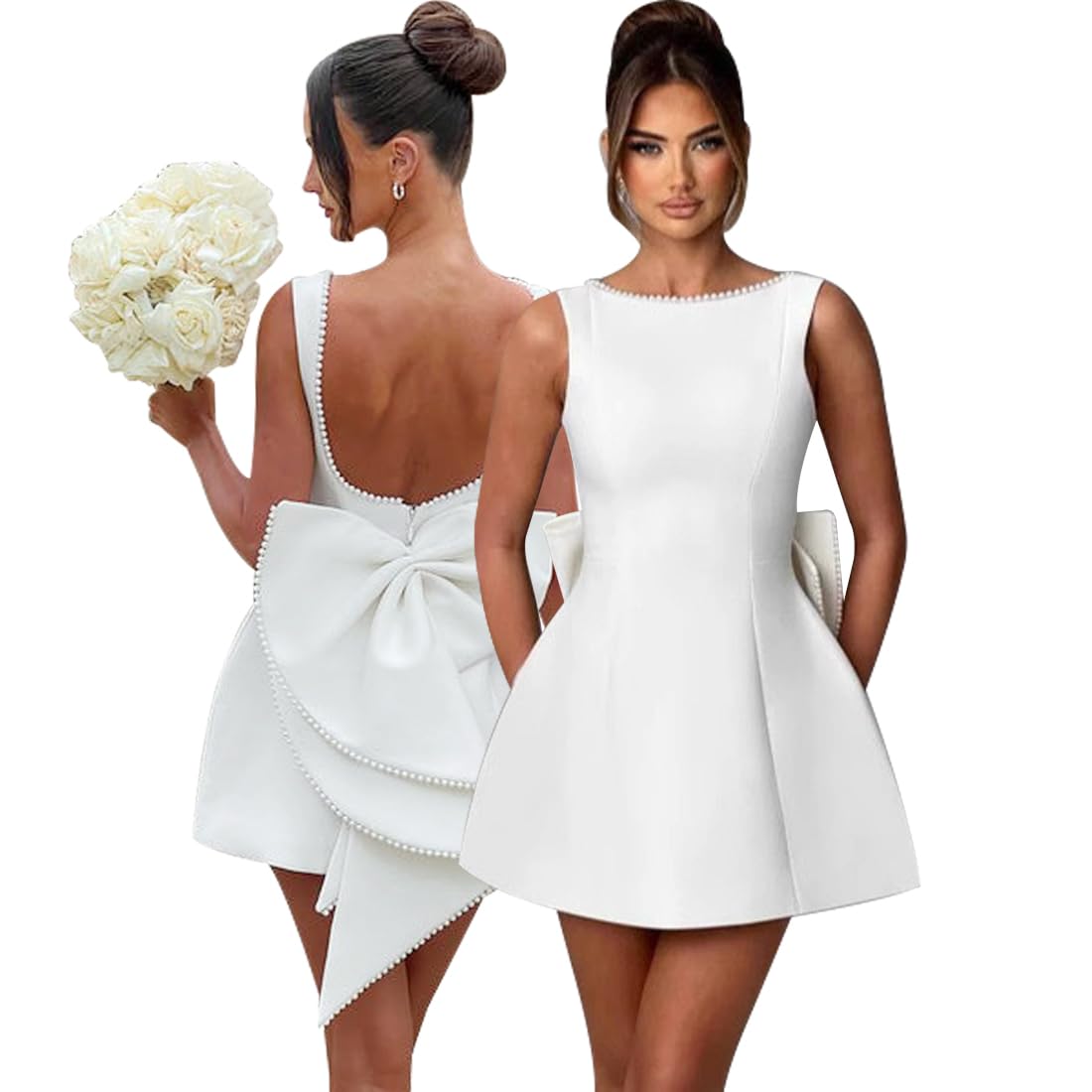 Vestido Mujer Sexy Sin Manga Minivestido Bodycon Sin Espalda Vestidos Corto con Lazo para Fiesta Noche Coctel Ajustado Vintage Dress de Novia Blanco