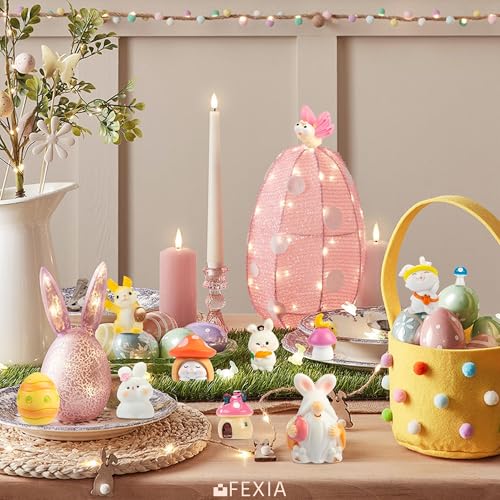 Image of FEXIA Easter Bunny Miniature Figurines 30Pcs Mini Resin Figurines Rabbit & Gnome Miniatures, Perfect for Easter Party Gifts Dollhouse Fairy Garden Landscape Home Decor Egg Stuffers DIY Crafts Decor