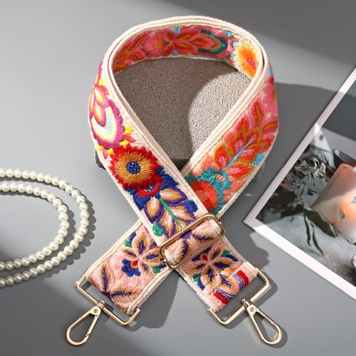Image of Wide Purse straps Crochet Flower replacement crossbody for Handbag Adjustable Embroidery Knit Guitar Shoulder strap