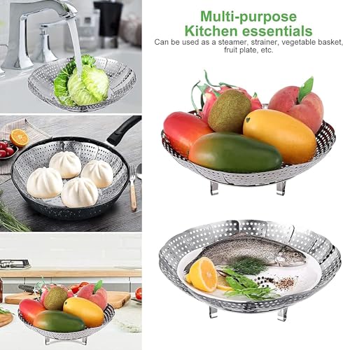 Image of Stainless Steel Steamer Basket for Cooking | Foldable Vegetable Steamer Basket for Momos, Dumplings & Veggies | Expandable Steam Cooker Insert | Dishwasher Safe Kitchen Steaming Basket (Multi)