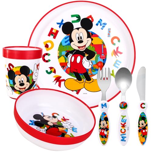 Mickey Mouse Kids 6 Piece Reusable Dinner Set - Plate/Bowl/Cup/Knife/Fork/Spoon - Childrens Dinnerware Tableware Cutlery Set