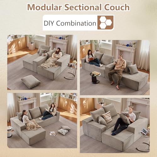 Image of 96 inch Modular Sectional Sofa, Modern Corduroy Cloud Couch with Deep Seat, Boneless Couch Upholstered 3-Seater L-Shaped Sofa for Living Room, No Assembly Required (Camel, Left-Facing Chaise)