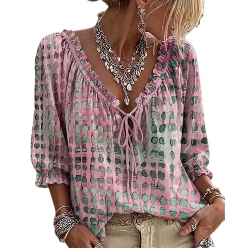 Blusa de lunares para vacaciones y oficina con cuello en V y manga fluida de tres cuartos