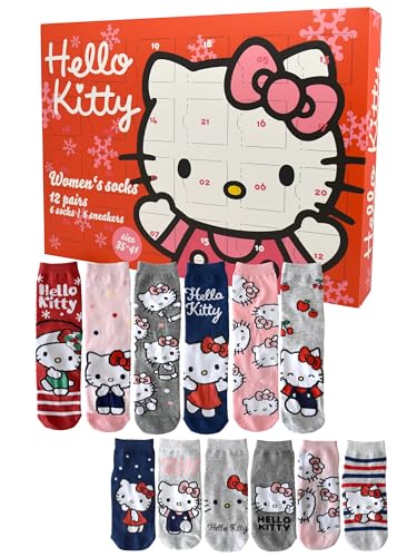 United Labels Calendario de Adviento Hello Kitty con 12 pares de calcetines para mujer, talla 35-41, calcetines cortos y largos