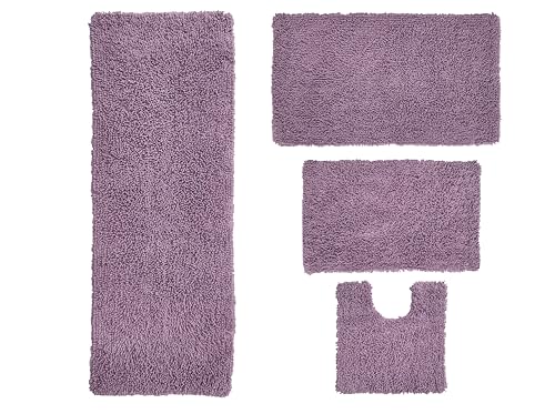 Home Weavers Fantasia Bath Rug 100% Cotton Bathroom Rugs Set, Washable Rug, Extra Soft and Absorbent Bath Rug, Kitchen Mat, Bath Mat Set, Bath Floor Mat Non Slip, 4 Piece Set with Contour, Purple