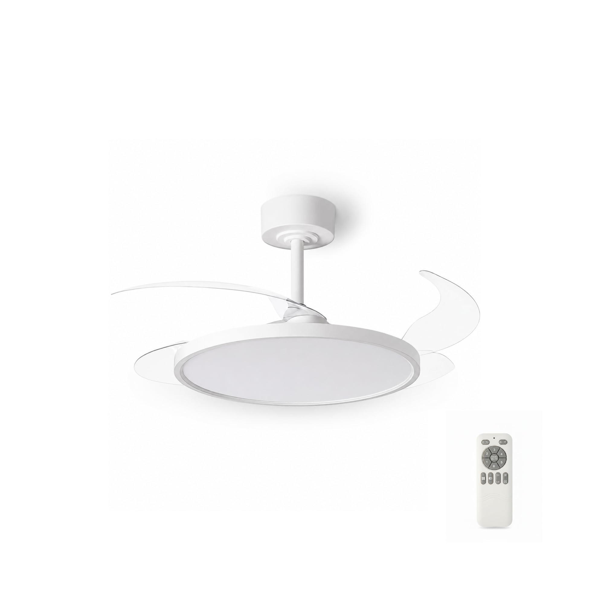 Ventilador de Techo LED Blanco con Aspas Retráctiles 36W Ultrafino, Motor DC Silencioso 26dB, 3CCT: 3000-4000-6000K, 6 Velocidades, Función verano e invierno, Mando a distancia