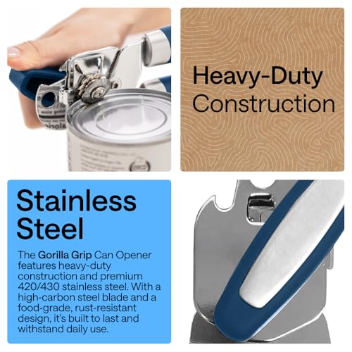Image of GORILLA GRIP Upgraded Model Stainless Steel Manual Can Opener, Blue | US Designed, Oversized Handheld Turn Knob, Comfortable Handle for Easy Turning, Multifunctional Kitchen Tool, Open Bottles