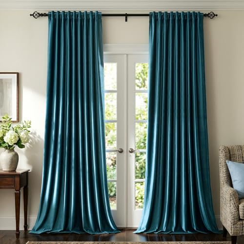 Image of Peacock Blue Velvet Curtains 84 inch Long for Living Room,Luxury 2 Panels Room Darkening Rod Pocket Back Tab Curtain Elegant Thermal Insulated Heavy Soundproof Decorative Window Drapes for Bedroom