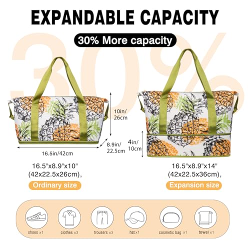 Expandable Travel Duffel Bags for Women Large - Gym Bag Waterproof Pineapple Weekender Beach Tote Carry on Bag with Luggage Sleeve for Spirit Airlines Personal Item Bags Overnight Mom Hospital Duffels3