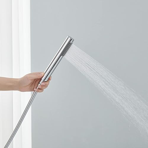 Miniatura 6 de Wowkk Grifo de Bañera de Cascada Independiente de Montaje en Piso Relleno de Tina de Latón Grifo de Baño de una Sola Manija con Ducha de Mano