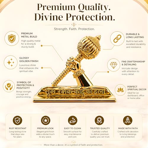 Image of Hanuman Gada Idol for Car Dashboard (Height - 5.5cm)| Bajrangbali /Anjaneya with inchTum Rakshak Kahu Ko Darna inch Quote | Gold Plated Vastu Protection Showpiece & Spiritual Gift (Brass)