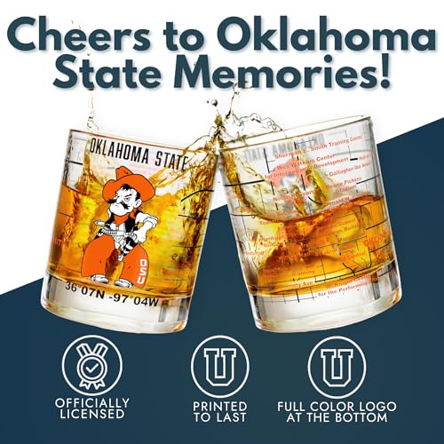 Image of Greenline Goods - Oklahoma State University Cowboys College Whiskey Glasses (Set of 2), 10 oz - Full-Color Logo + Campus Map