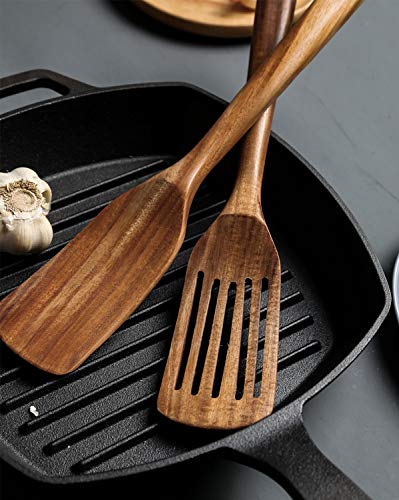 Spatule en bois de teck naturel à long manche - Fabriquée à la main pour ustensiles de cuisine antiadhésifs - Image 7
