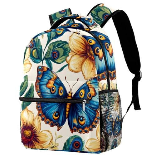 Sac à dos d'école multicolore avec porte-bouteille et imprimé paon pour voyage et campus