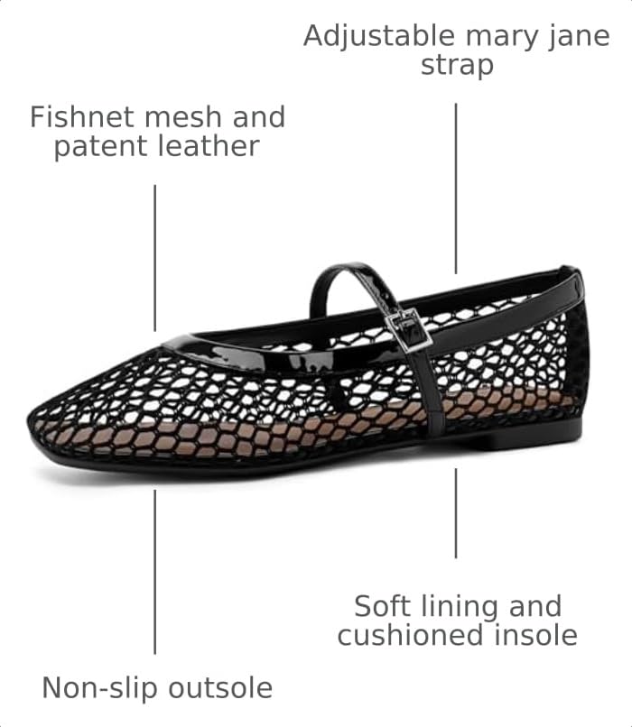 Image of Rihero Mesh Ballet Flats for Women Comfortable Square Toe Ballerina Flats Buckle Strap Casual Fishnet Flat Shoes