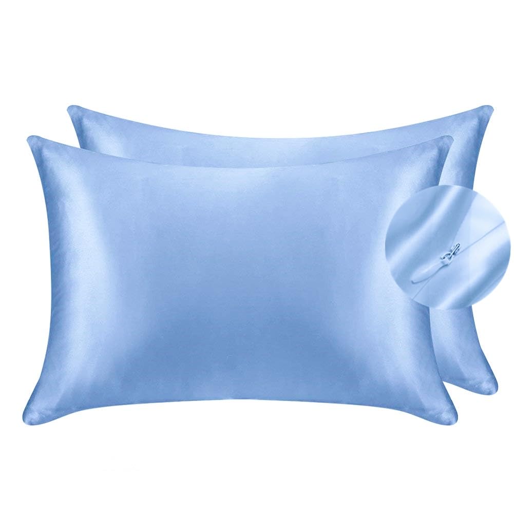 Juwenin Home Light Blue Silky Luxury Satin Pillow Case For Hair & Facial Skin To Prevent Wrinkles Hidden Zipper (, Standard(50X75cm) 2 Pk)