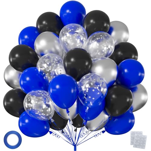 60pcs Royal Blue Black Balloons 12 Inch Dark Blue Black Metallic Silver & Silver Confetti Balloon Kit for Graduation 2026 Retirement Birthday Party Decorations (with Ribbon & Adhesive Dots)