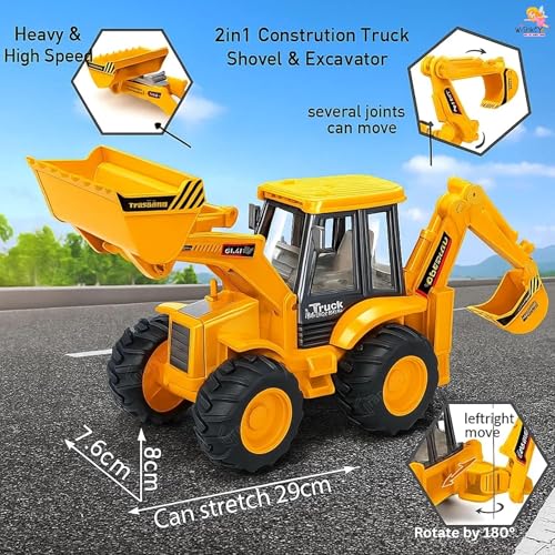 Image of WISHKEY 2-in-1 Friction Powered Bulldozer Truck JCB Excavator Toy Go Construction Vehicle with 180 Rotatable Shovel Big Rubber Wheels Heavy Duty Unbreakable Engineering Car for Kids