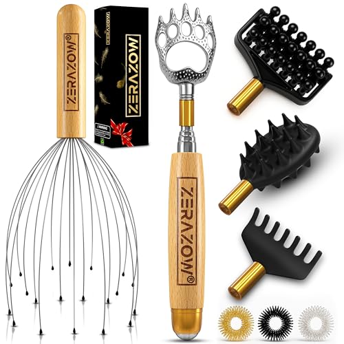 ZERAZOW® Telescoping Back Scratcher 9 Pcs Set | Backscratcher for Men & Women with 4 Detachable Heads | Scalp & Back Massager Tools | Stocking Fillers for Men | Dad Christmas Gifts | UK Brand