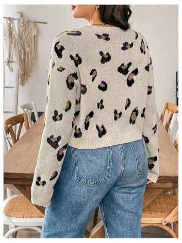 MakeMeChic Women's Plus Size Leopard Print Bow Tie Front Cardigan Crew Neck Long Sleeve Cardigan Sweater Knitwear2