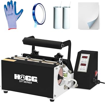 Hogg DIY Series Quick N Easy Tumbler Heat Press Machine Bundle for Most Straight Sublimation Tumblers, Mugs, Bottles w/Bonus 20oz Sublimatable Skinny Tumbler, Sublimatable Paper, Gloves, Heat Tape