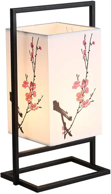 Lampe Japonaise de Chevet Moderne - Noir Métal, Abat-jour Cuboïde Fleur de Prunier