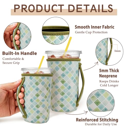 Image of KJQJLY 3 Reusable Iced Coffee Sleeves for Iced Coffee Cups or Drinks Reusable Neoprene Insulated Sleeves for Hot and Cold Drinks from Starbucks, Dunkin, And More (Green Lattice)