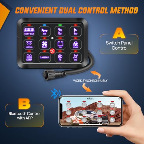 Image of Nilight 12 Gang Switch Panel Relay System w /APP Control Automatic Dimmable | RGB Backlight Panel Circuit Control Fuse Wiring Harness ON Off LED Switches Pod for 12V 24V Cars Trucks Campers SUV