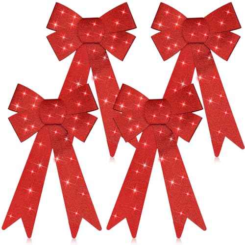 Giegxin 4 Pcs LED Christmas Wreath Bows Xmas Tree Topper Bow Outdoor Indoor Glitter Lighted Bows Winter Large Wreath Garland Bow for Home Front Door Party Decor, 18 X 10 Inch (Red)