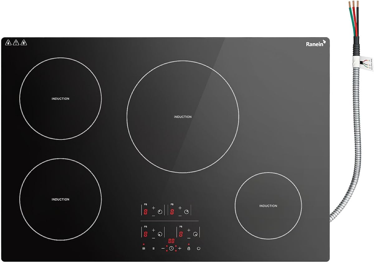 Ranein Induction Cooktop with 4 Burners, 30 inch 7800W 240V Durable Panel Electric Cooktop, Multiple Safety Protections Stove