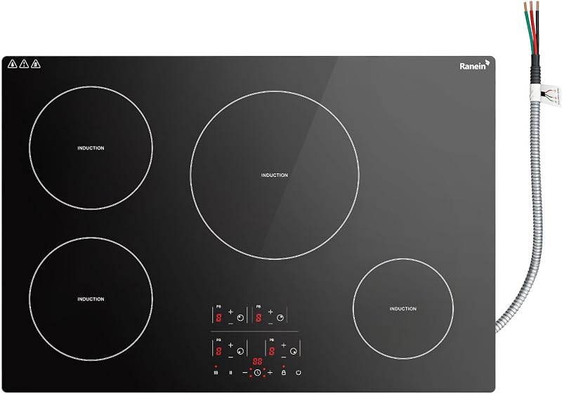 Ranein Induction Cooktop with 4 Burners, 30 inch 7800W 240V Durable Panel Electric Cooktop, Multiple Safety Protections Stove