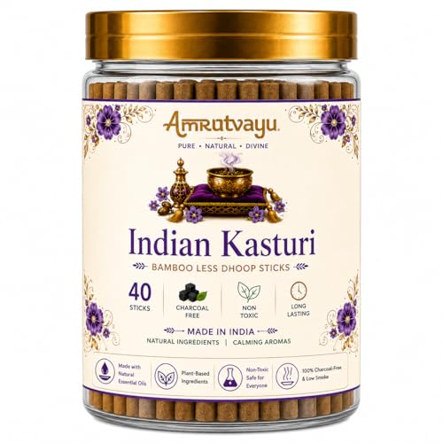Image of Indian Kasturi Dhoop Sticks 4 inch 6mm Bamboo Less Incense for Pooja 40 Sticks | No Charcoal Sticks with Holder Stand | Fragrance for Home, Mediation Relaxation