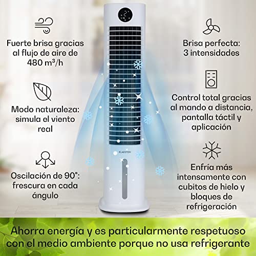 Klarstein Skytower Grand Climatizador Evaporativo – 4-en-1 Ventilador, Enfriador, Purificador & Humidificador, 480 m³/h, Wi-Fi & App Control, Depósito 8L, Oscilación, para Hogar Inteligente, Blanco - imagen 3